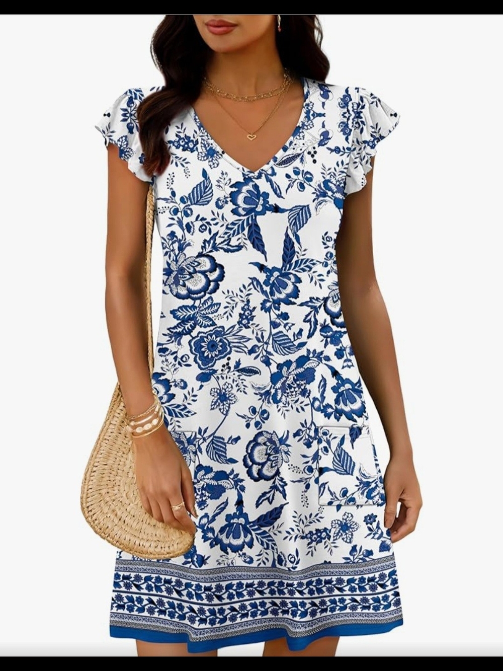 Blue & White Floral V-Neck Summer Dress